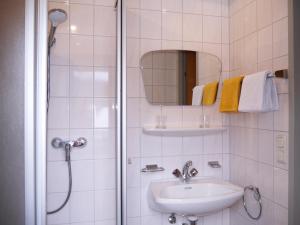 a bathroom with a shower and a sink and a mirror at Neunerhof in Leutasch