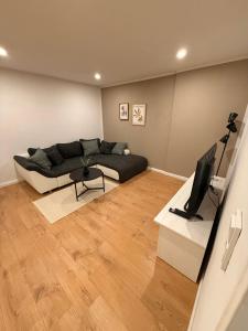 a living room with a couch and a television at Wohnung am Waldrand Ruhe & Natur in Brilon