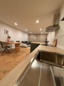 a kitchen with a sink and a living room at Wohnung am Waldrand Ruhe & Natur in Brilon