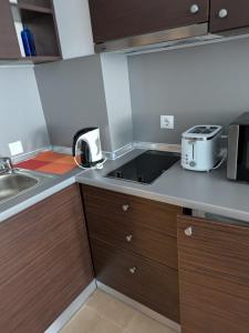 a kitchen with a sink and a counter top at Mountain Paradise 2 - Quiet Cosy Studio - Balcony, Wifi in Bansko +18 photos