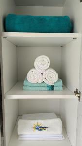 zwei Handtücher und ein blaues Handtuch auf einem Regal in der Unterkunft Maraújosflat, Porto de Galinhas in Porto De Galinhas