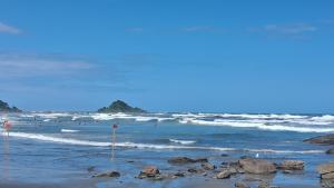 伊塔尼亚恩Loft Praia do Sonho的和一群人一起在海洋里度过的海滩