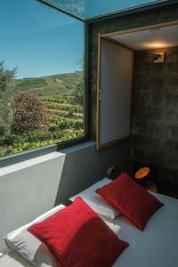 Schlafzimmer mit einem Fenster und einem Bett mit roten Kissen in der Unterkunft BABhouse Villa Jardim das Oliveiras in Nagoselo do Douro + 19 Fotos