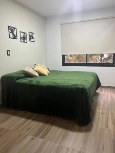 a bedroom with a green bed and a window at Complejo Medanos in Costa Azul
