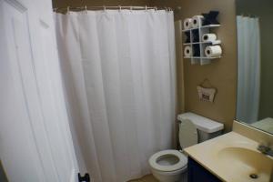 a bathroom with a white shower curtain and a toilet at The Trace Elegant Eclectic Home with patio in Smyrna Ga in Smyrna +30 photos
