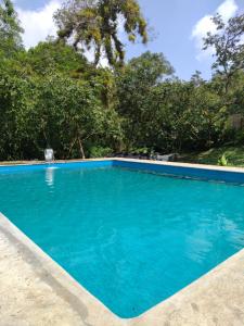 a blue swimming pool with trees in the background at sapiens house cabaña del lago premium in Cali