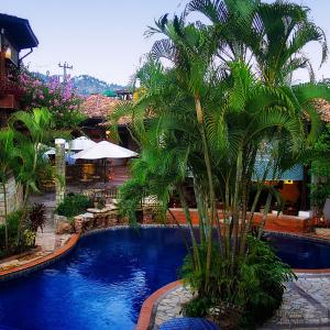 een zwembad met een palmboom in een resort bij Hotel Marina Copan in Copan Ruinas