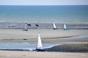 a group of sailboats on a beach with horses in the ocean at Hôtel Barrière Le Westminster in Le Touquet-Paris-Plage