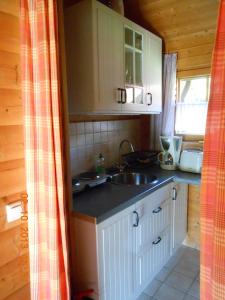 uma cozinha com um lavatório e uma bancada em Ferienhaus Hensel em Großzerlang