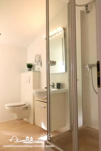 a bathroom with a shower and a toilet and a sink at 41 Weiße Villa am Schwanenteich OG rechts in Burg auf Fehmarn