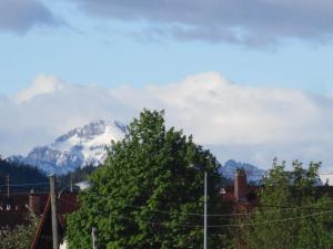 a view of a snow covered mountain in the distance at Gästehaus Reisacher - Ferienwohnung mit Frühstück in Peiting