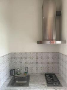 una cucina con lavello e fornello di La Casa sul Fiume Magra a Fiumaretta di Ameglia