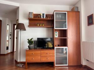a living room with a tv and a wooden entertainment center at Le Tre A - Sole in Folgaria