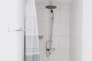 eine Dusche mit Duschkopf und Duschvorhang in der Unterkunft Seldas in Schaffhausen