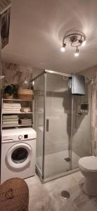 a bathroom with a washing machine and a washer at Casa Alegria - Laguna Beach in Torrox Costa