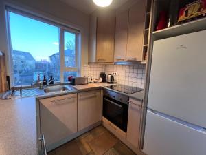 Homely flat with amazing views في ريكيافيك: مطبخ مع ثلاجة ومغسلة ونافذة