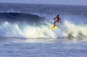 a man riding a wave on a surfboard in the ocean at Perfect Home Mirissa in Mirissa