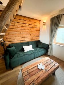 a living room with a green couch and a wooden wall at Künstlerstubn in Hartneidstein