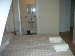 a bedroom with a bed with two pillows and a sink at 18 Carraig Naofa in Bantry