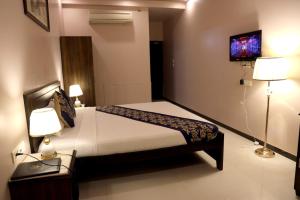 a bedroom with a bed with two lamps and a tv at Platinum Royal Excellency in Udaipur