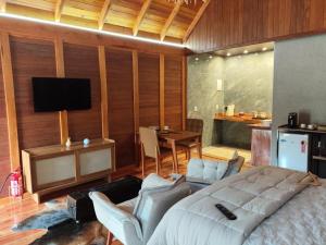 a living room with a couch and a tv in it at Chale Vila dos Lagos in Venda Nova do Imigrante