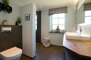 a bathroom with a toilet and a sink at Ferienhaus Sylt Leev in Westerland +28 photos