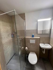 a bathroom with a shower and a toilet and a sink at Era Home 2 in Murg