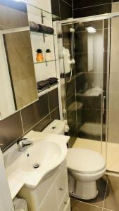 a bathroom with a toilet and a sink and a shower at Comfortable stay in Wembley in London