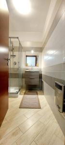 un bagno con doccia e lavandino di Trigoria Suite a Selcetta