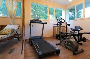 a gym with exercise equipment in a room with windows at Catullo 18 Apartment, Garda Lake, Jacuzzi, Fitness, Ac in Desenzano del Garda