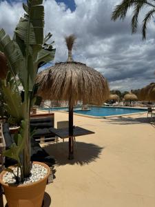 a resort with a table and a straw umbrella and a pool at Orange Colom - Seaside Apartments in Portocolom