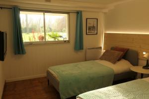sypialnia z dwoma łóżkami i oknem w obiekcie Appartement familial au bord de la Marne, jardin tropical , piscine, tennis, terrasse, parking gratuit proche Disneyland w mieście Isles-lès-Villenoy +37 zdjęć