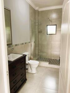 a bathroom with a toilet and a sink and a shower at 3A Annie's Place Rawdons Country Estate in Nottingham Road +10 photos
