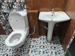 a bathroom with a toilet and a sink at AETAS Hospitality, Port Blair in Aberdeen
