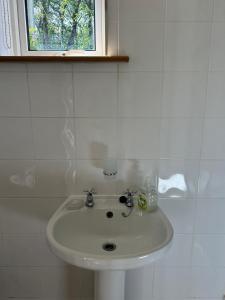 a white sink in a bathroom with a window at Woodland Cottage in Galway +20 photos