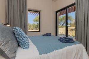 a bedroom with a bed with blue pillows and windows at Villa Fengari in Evangelismós +29 photos