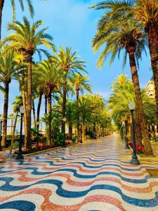 una calle adoquinada con palmeras y una carretera en Casas 349h Explanada Alicante, en Alicante