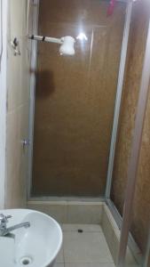 a bathroom with a shower with a sink and a toilet at Coco y Ainhoa Lodge in Paracas