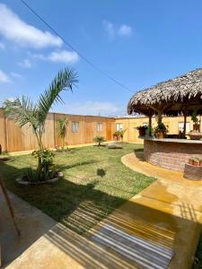 a backyard with a fence and a palm tree at Coco y Ainhoa Lodge in Paracas