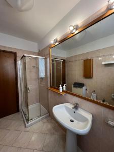 a bathroom with a sink and a shower and a mirror at Appartamento Bi locale Giusy in SantʼAntonio +11 photos