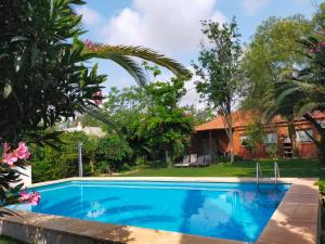 ein Swimmingpool vor einem Haus in der Unterkunft Precioso chalet próximo a Sevilla con jardín y piscina privada 8 personas Wifi gratis 2 salones 4 dormitorios 2 baños in Consolación