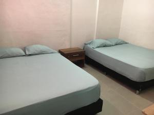 帕尔米拉Hotel Pelman的小型客房配有两张床和两张桌子。