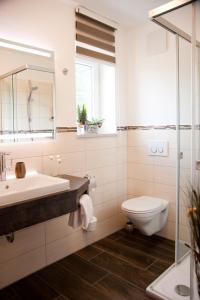 a bathroom with a sink and a toilet at Hotel Hutzenthaler in Bruckberg