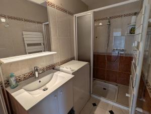 a bathroom with a sink and a shower at Maison typique, centre-ville, jardin ville haute in Pornic +23 photos