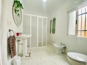 a white bathroom with a sink and a toilet at Casa con Encanto in Santa Amalia