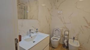 een badkamer met een wastafel, een toilet en een spiegel bij Esperança House 1 in Maia +21 foto's
