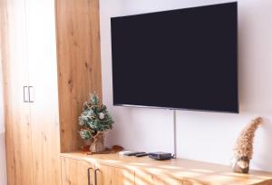 a flat screen tv hanging on a wall at Skalca Serenity Apartments Bled in Bled