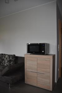 eine Mikrowelle auf einem Holzschrank in der Unterkunft Ferienwohnung an der Obermosel in Oberbillig