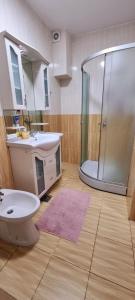 a bathroom with a toilet and a sink and a shower at Casa in centrul Zalaului in Zalău