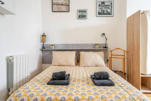 een slaapkamer met een bed met twee kussens erop bij Le petit républicain in Le Péage-de-Roussillon